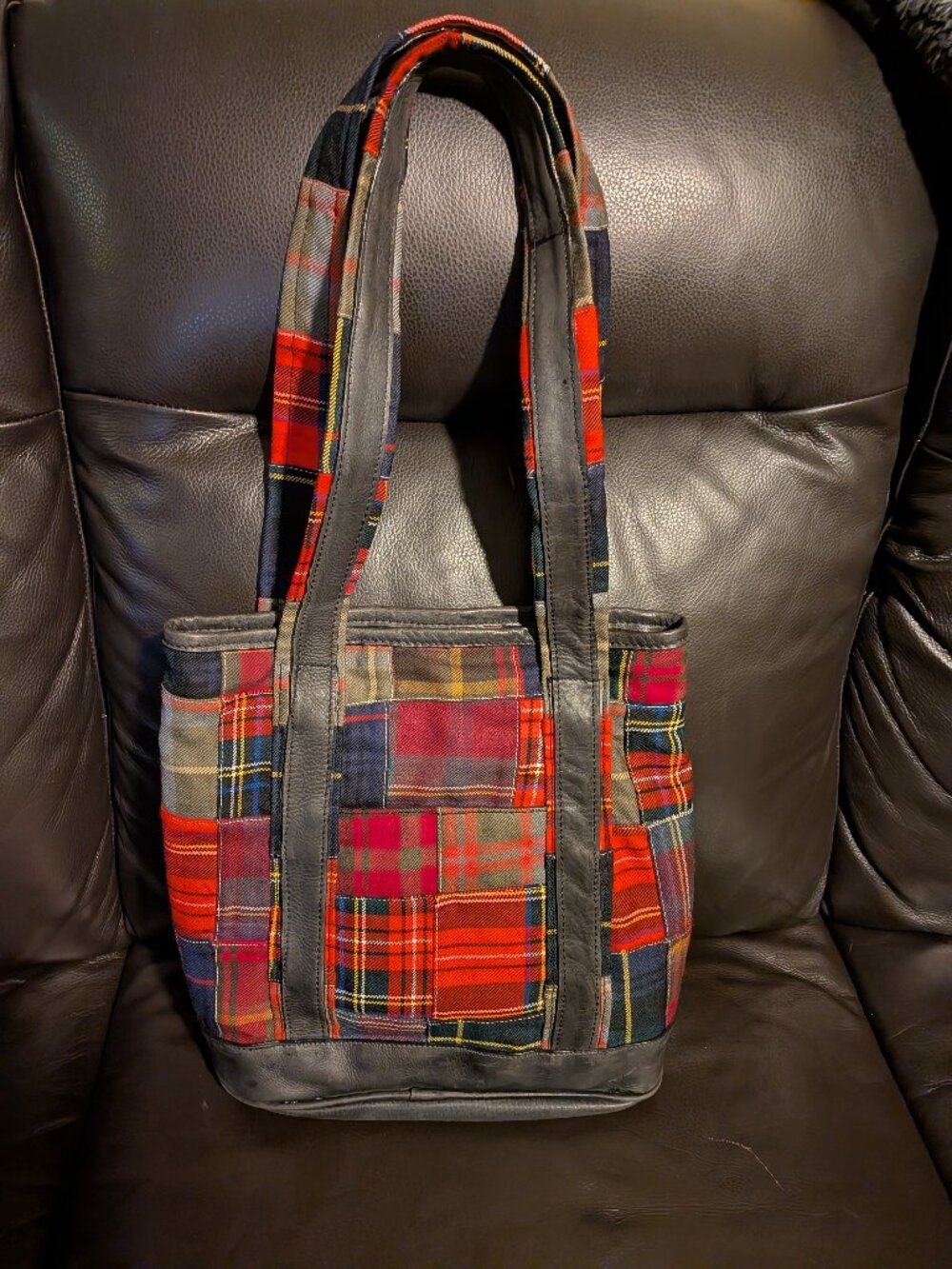 Vintage Orvis Tartan Plaid Patchwork Tote Bag - Leather Trim Shoulder Bag